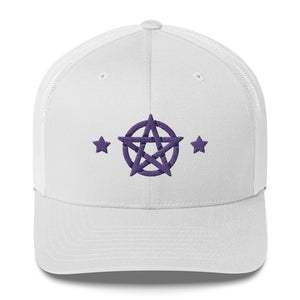 retro trucker hat/cap white, with image design of purple pentacle and stars.  Front view.