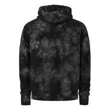 Load image into Gallery viewer, dark grey and black, unisex champion tie-dye hoodie, with pockets. Embroidered logo of &quot;Dreaded Banshee Co.&quot; on left hand breast side. Back view.
