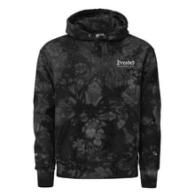 Load image into Gallery viewer, dark grey and black, unisex champion tie-dye hoodie, with pockets. Embroidered logo of &quot;Dreaded Banshee Co.&quot; on left hand breast side. Front view.
