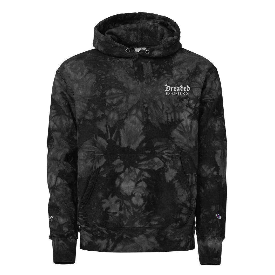 dark grey and black, unisex champion tie-dye hoodie, with pockets. Embroidered logo of 