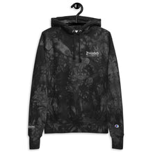 Load image into Gallery viewer, dark grey and black, unisex champion tie-dye hoodie, with pockets. Embroidered logo of &quot;Dreaded Banshee Co.&quot; on left hand breast side. Front view, on hanger.
