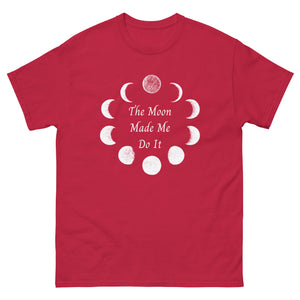 unisex red t-shirt with image phrase: The moon made me do it. Bordered with Moon phases. Front view. Halloween, spooky season.