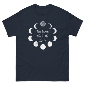 unisex navy blue t-shirt with image phrase: The moon made me do it. Bordered with Moon phases. Front view. Halloween, spooky season.