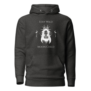 charcoal grey heather unisex hoodie, with pockets, with image phrase: "Stay wild, Moon Child." with image of three tribal woman heads, with moon crown, and crescent moons on sides.