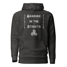 Load image into Gallery viewer, unisex charcoal grey heather hoodie, with image phrase &quot;Banshee in the Streets,&quot; with image symbol Triskelion. Front View.
