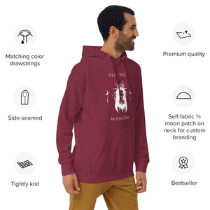 man modeling/wearing maroon unisex hoodie, with pockets, with image phrase: "Stay wild, Moon Child." with image of three tribal woman heads, with moon crown, and crescent moons on sides.