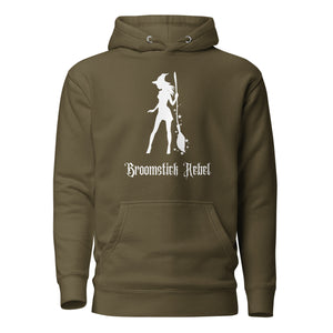 military army green unisex hoodie, with pockets. Image design: silhouette of a pretty witch holding a magical broom, stars. Image phrase: Broomstick rebel. Front view.