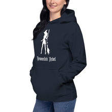 Load image into Gallery viewer, Woman modeling/wearing navy blue unisex hoodie, with pockets. Image design: silhouette of a pretty witch holding a magical broom, stars. Image phrase: Broomstick rebel. Front view.
