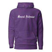 Load image into Gallery viewer, purple unisex hoodie, with pockets, with image phrase: &quot;Mental Alchemist.&quot; Front view.
