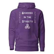 Load image into Gallery viewer, unisex purple hoodie, with image phrase &quot;Banshee in the Streets,&quot; with image symbol Triskelion. Front View.
