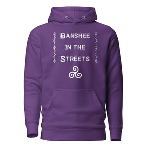 unisex purple hoodie, with image phrase "Banshee in the Streets," with image symbol Triskelion. Front View.