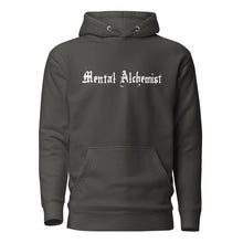 Load image into Gallery viewer, vintage black unisex hoodie, with pockets, with image phrase: &quot;Mental Alchemist.&quot; Front view.
