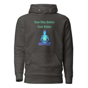 unisex vintage black hoodie with image phrase: "Your mind shapes your world." With a green blue watercolor image graphic of a person's silhouette, in pose of meditation. Front view.