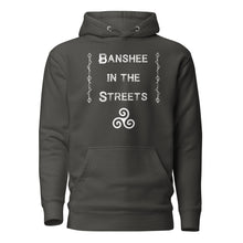 Load image into Gallery viewer, unisex vintage black hoodie, with image phrase &quot;Banshee in the Streets,&quot; with image symbol Triskelion. Front View.
