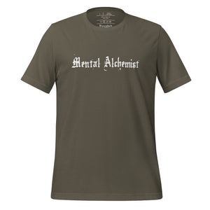 unisex army green t-shirt, with Image phrase: white text - "Mental Alchemist." Front view.