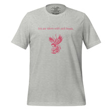 Load image into Gallery viewer, unisex heather grey t-shirt, with image phrase: &quot;We are reborn with each breath,&quot; with image of red elegant phoenix. Front view.
