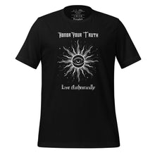 Load image into Gallery viewer, Unisex black t-shirt with Image Design: Text &quot;Honor your truth, Live authentically,&quot; with center image of sun, eye in center of sun, moon in the eye&#39;s iris, stars all around.
