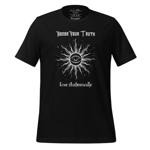 Unisex black t-shirt with Image Design: Text "Honor your truth, Live authentically," with center image of sun, eye in center of sun, moon in the eye's iris, stars all around.