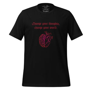 unisex black t-shirt, with image design: red half brain, half heart. Image phrase: Red text - Change your thoughts, change your world. Front view.