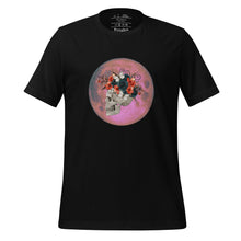 Load image into Gallery viewer, unisex black t-shirt, with image design: side profile of a skull wearing a crown/hat of black roses, red poppies, thorny vines, and white butterflies, with a pink-red moon behind it. Front View.
