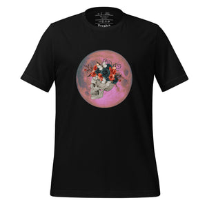 unisex black t-shirt, with image design: side profile of a skull wearing a crown/hat of black roses, red poppies, thorny vines, and white butterflies, with a pink-red moon behind it. Front View.