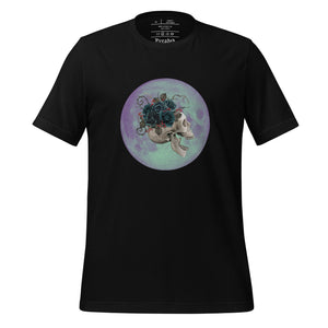 unisex black t-shirt, with image design: side profile of a skull wearing a crown/hat of black roses, red berries, thorny vines and leaves, with a blue-purple moon behind it. Front View.