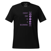 Load image into Gallery viewer, unisex black t-shirt with image phrase &quot;every end is a beginning,&quot; with image design of moon phases, from new moon, to full moon, to new moon. Front view.
