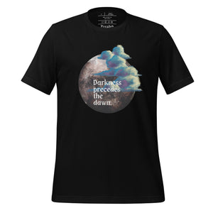 unisex black t-shirt with image design of a dark moon, with a colorful dawn cloud in front, with image phrase: "Darkness precedes the Dawn." Front View.