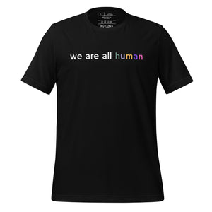 women's black t-shirt with image phrase: "we are all human."