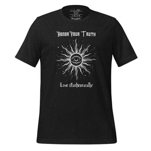 Unisex black heather t-shirt with Image Design: Text "Honor your truth, Live authentically," with center image of sun, eye in center of sun, moon in the eye's iris, stars all around.