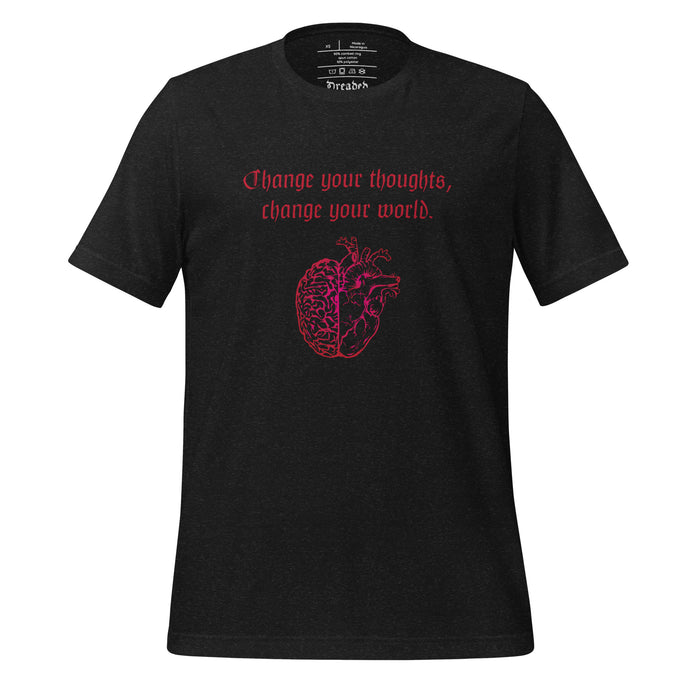 unisex black heather t-shirt, with image design: red half brain, half heart. Image phrase: Red text - Change your thoughts, change your world. Front view.