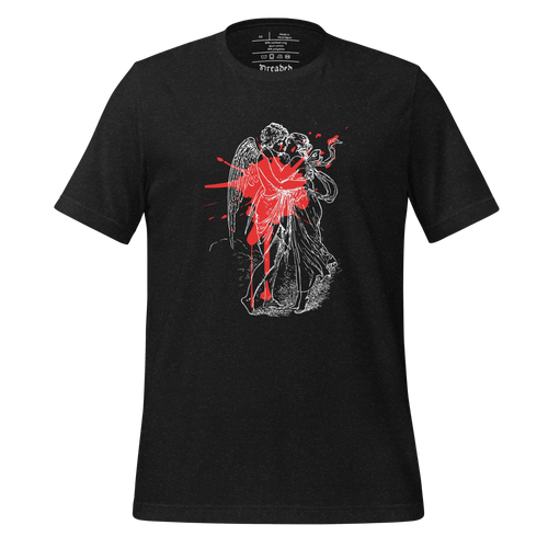 unisex black heather t-shirt, with image design of an angel kissing a woman, with a red paint splat seen through their outlines. Front view.