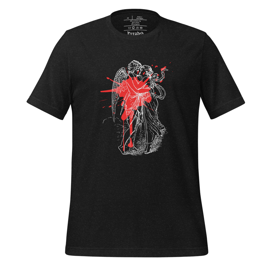 unisex black heather t-shirt, with image design of an angel kissing a woman, with a red paint splat seen through their outlines. Front view.