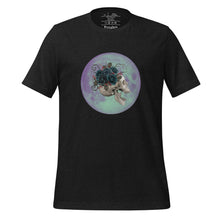 Load image into Gallery viewer, unisex black heather t-shirt, with image design: side profile of a skull wearing a crown/hat of black roses, red berries, thorny vines and leaves, with a blue-purple moon behind it. Front View.
