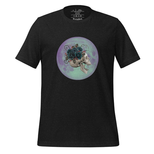 unisex black heather t-shirt, with image design: side profile of a skull wearing a crown/hat of black roses, red berries, thorny vines and leaves, with a blue-purple moon behind it. Front View.