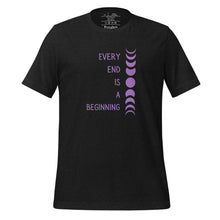 Load image into Gallery viewer, unisex black heather t-shirt with image phrase &quot;every end is a beginning,&quot; with image design of moon phases, from new moon, to full moon, to new moon. Front view.
