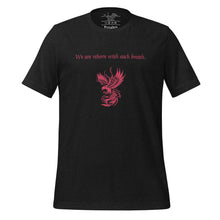 Load image into Gallery viewer, unisex black heather  t-shirt, with image phrase: &quot;We are reborn with each breath,&quot; with image of red elegant phoenix. Front view.
