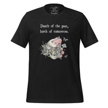 Load image into Gallery viewer, unisex black heater t-shirt with image design of a skull with plants, mushrooms, roses, and flowers growing out of it, with white butterflies, and image phrase &quot;Death of the Past, Birth of Tomorrow.&quot; Front view.
