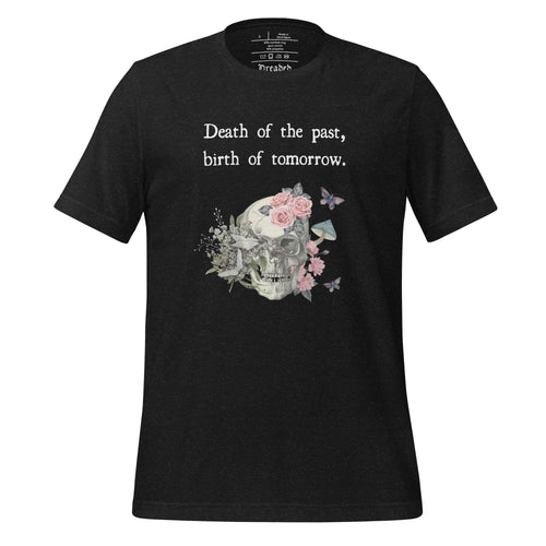 unisex black heater t-shirt with image design of a skull with plants, mushrooms, roses, and flowers growing out of it, with white butterflies, and image phrase 