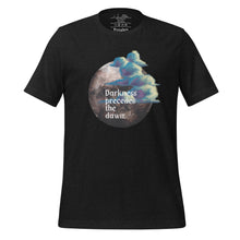 Load image into Gallery viewer, unisex black heather t-shirt with image design of a dark moon, with a colorful dawn cloud in front, with image phrase: &quot;Darkness precedes the Dawn.&quot; Front View.
