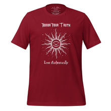 Load image into Gallery viewer, Unisex cardinal red t-shirt with Image Design: Text &quot;Honor your truth, Live authentically,&quot; with center image of sun, eye in center of sun, moon in the eye&#39;s iris, stars all around.
