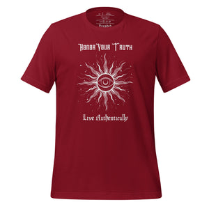 Unisex cardinal red t-shirt with Image Design: Text "Honor your truth, Live authentically," with center image of sun, eye in center of sun, moon in the eye's iris, stars all around.