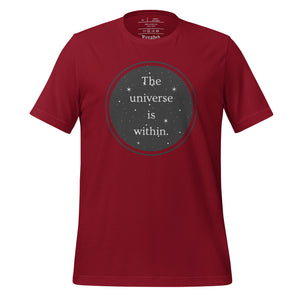 unisex cardinal red t-shirt, with image phrase "The universe is within," enclosed in a black circle and stars.