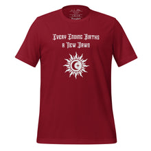 Load image into Gallery viewer, unisex cardinal red t-shirt, with image phrase &quot;Every Ending Births a New Dawn, with image graphic of a tribal sun, with a crescent moon and star within the sun.
