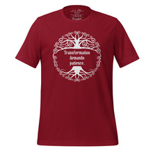 Load image into Gallery viewer, Unisex cardinal red heather t-shirt, with image phrase: &quot;Transformation demands patience.&quot; Front view.
