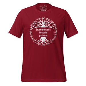 Unisex cardinal red heather t-shirt, with image phrase: "Transformation demands patience." Front view.