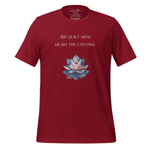 unisex cardinal red t-shirt, with image phrase: "The quiet mind hears the Universe." Image of watercolor pink and blue lotus flower floating on water.