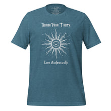 Load image into Gallery viewer, Unisex heather deep teal t-shirt with Image Design: Text &quot;Honor your truth, Live authentically,&quot; with center image of sun, eye in center of sun, moon in the eye&#39;s iris, stars all around.
