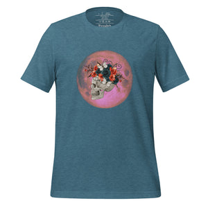 unisex heather deep teal t-shirt, with image design: side profile of a skull wearing a crown/hat of black roses, red poppies, thorny vines, and white butterflies, with a pink-red moon behind it. Front View.