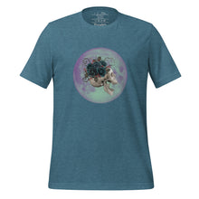 Load image into Gallery viewer, unisex heather deep teal t-shirt, with image design: side profile of a skull wearing a crown/hat of black roses, red berries, thorny vines and leaves, with a blue-purple moon behind it. Front View.
